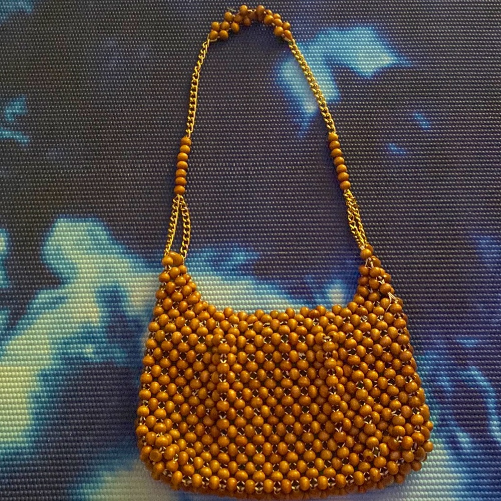 Vintage Wooden beaded mini bag/ baguette with gold drop chain